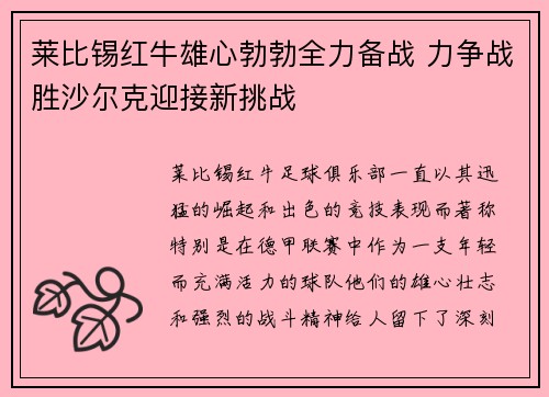 莱比锡红牛雄心勃勃全力备战 力争战胜沙尔克迎接新挑战